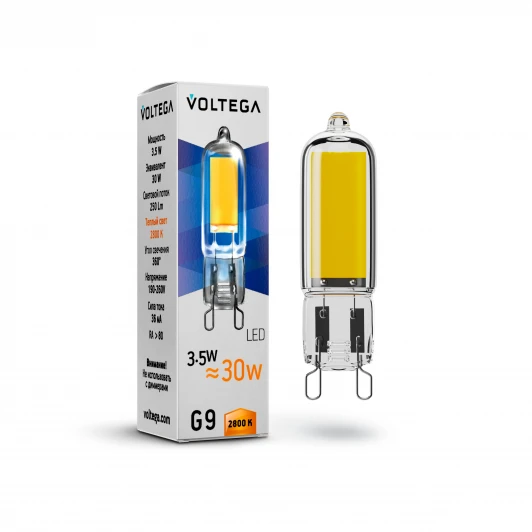 7088 Лампочка светодиодная таблетка прозрачная колба G9 3,5 Вт 250 lm 2800K теплое желтое свечение Voltega Simple 7088
