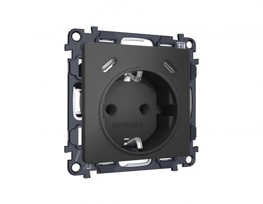 MA910510 Комплект механизма электрической розетки с заземлением с 2хUSB Type-C встраиваемый (графит мягкое касание) Ambrella Volt QUANT MA910510