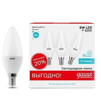 33126T Лампочка светодиодная E14 6W Gauss Elementary Candle 33126T