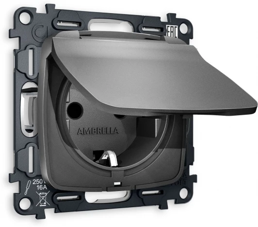MO658010 Комплект механизма Ambrella Volt электрической розетки OMEGA MO658010 Антрацит серый с заземлением с шторками и защитной крышкой 2P+E 16A-250V IP44 QUANT