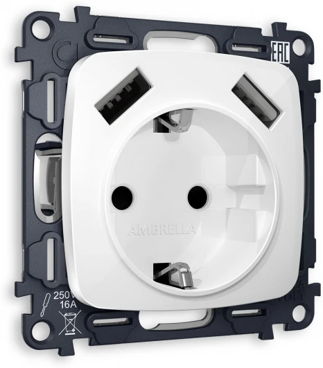 MO109010 Розетка с заземлением, шторками и быстрой зарядкой USBх2 (белый глянец) Ambrella Volt QUANT MO109010
