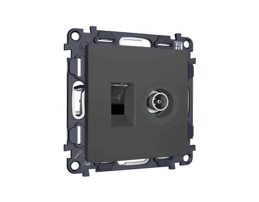 MA912510 Комплект механизма ТВ-розетки оконечной и Ethernet RJ-45 розетки с автоматической защитной шторкой встраиваемый (графит мягкое касание) Ambrella Volt QUANT MA912510