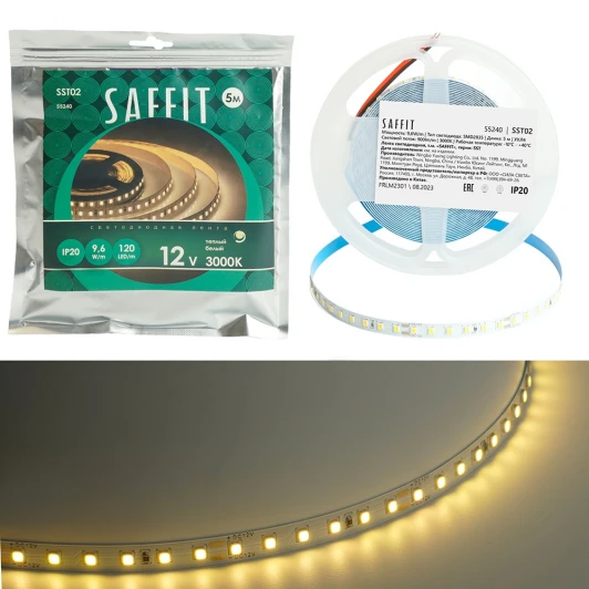 55240 Лента светодиодная SST02 120SMD(2835)/м 9.6Вт/м 12V 3000К IP20 Saffit 55240