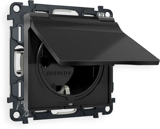 MA808010 Комплект механизма Ambrella Volt электрической розетки ALFA MA808010 Черный матовый с заземлением с шторками и защитной крышкой 2P+E 16A-250V IP44 QUANT