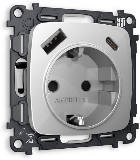 MO410010 Комплект механизма Ambrella Volt электрической розетки OMEGA MO410010 Серебро глянец 2USB A+C 20W быстрая зарядка с заземлением и шторками 2P+E 16A-250V QUANT