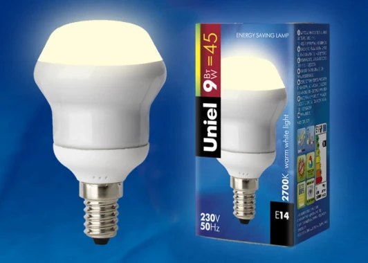 ESL-RM50-9/2700/E14 S картон Лампочка энергосберегающая груша белая E14 9W 2700K Uniel ESL-RM50-9/2700/E14 S