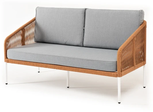 KAN-S-2-001 RAL7035 Mua mel-orange(H-gray) "Канны" диван 2-местный плетеный из роупа, каркас алюминий светло-серый (RAL7035) муар, роуп оранжевый меланж круглый, ткань светло-серая 4SIS арт.УТ-00009475