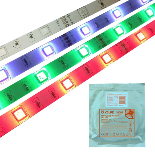 ULS-Q214 5050-30LED/m-10mm-IP65-DC12V-7,2W/m-5M-RGB катушка в герметичной упаковке Светодиодная лента Volpe ULS-Q214 5050-30LED/m-10mm-IP65-DC12V-7,2W/m-5M-RGB катушка в герметичной упаковке