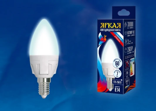 LED-C37 7W/NW/E14/FR PLP01WH картон Лампочка светодиодная свеча белая E14 7W 4000K Uniel LED-C37 7W/NW/E14/FR PLP01WH