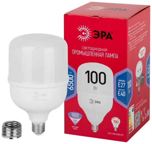 LED POWER T140-100W-6500-E27/E40 R Лампочка светодиодная E27 с переходником на E40 100W ЭРА LED POWER T140-100W-6500-E27 с переходником на E40/E40 R