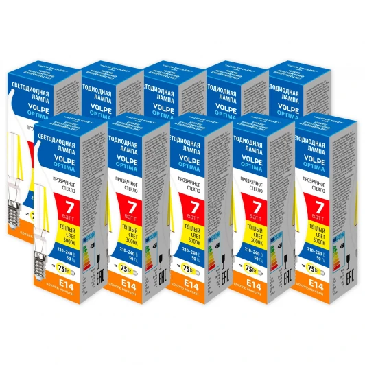LED-CW35-7W/3000K/E14/CL/SLF Набор из 10штук Лампа светодиодная Volpe Optima Филамент LED-CW35-7W/3000K/E14/CL/SLF Набор из 10штук свеча на ветру прозрачная теплый белый свет 3000К