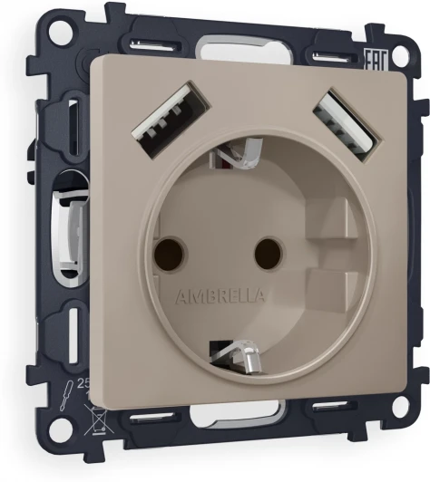 MA369010 Комплект механизма Ambrella Volt электрической розетки ALFA MA369010 Серо-бежевый матовый 2USB A+A 18W быстрая зарядка с заземлением со шторками 2P+E 16A-250V QUANT
