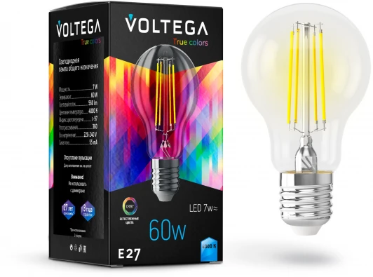 7155 Лампочка светодиодная груша прозрачная E27 7W 4000K Voltega General purpose bulb E27 7W High CRI 7155
