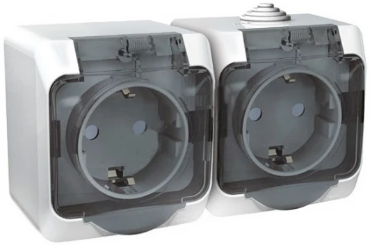 PA16-244B Розетка накладная двойная с заземлением, шторками и крышкой (белый) IP44 Systeme Electric Etude PA16-244B