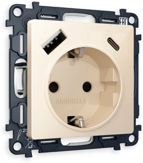 MA310010 Комплект механизма Ambrella Volt электрической розетки ALFA MA310010 Бежевый глянец 2USB A+C 20W быстрая зарядка с заземлением и шторками 2P+E 16A-250V QUANT