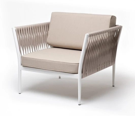 KAS-A-001 W Mua beige(beige15052) "Касабланка" кресло плетеное из роупа, каркас алюминий белый муар, роуп бежевый 20мм, ткань бежевая 15052 4SIS арт.УТ-00009935