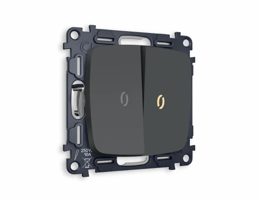 MO904030 Комплект механизма Ambrella Volt 2-клавишного проходного выключателя с подсветкой 3200K OMEGA MO904030 Графит мягкое касание QUANT