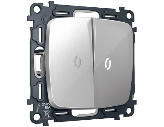 MO404055 Комплект механизма 2-кл выключателя с самовозвратом с подсветкой 5600K Ambrella Volt OMEGA MO404055 Серебро глянец QUANT (OP4040, VM129, G14W)