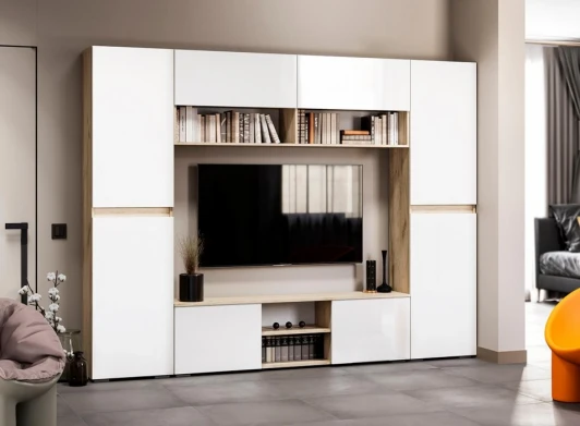 580879 Стенка Woodville Алетра дуб крафт серый / глянец белый комплектация 3 арт.580879