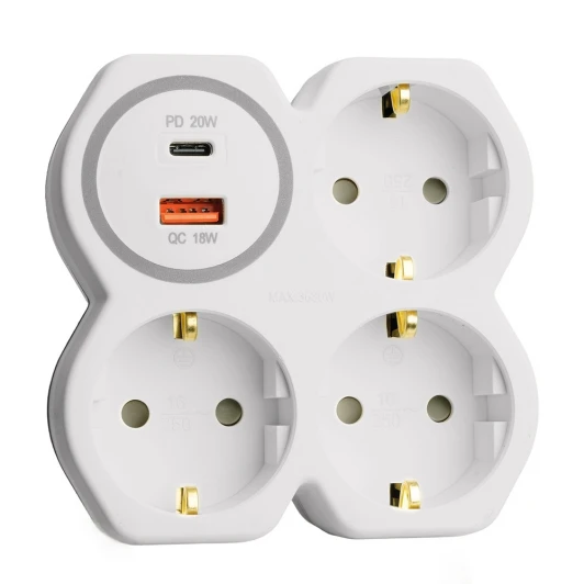 50110 Разветвитель сетевой 3-х местный с заземлением с USB+Type C (белый, серый) Stekker 50110