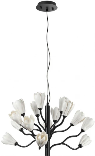 5090/15 Подвесная люстра Odeon Light Gardi 5090/15 черный матовый/белый/фарфор G4 LED 15*5W (220V, на тросе, цветы)