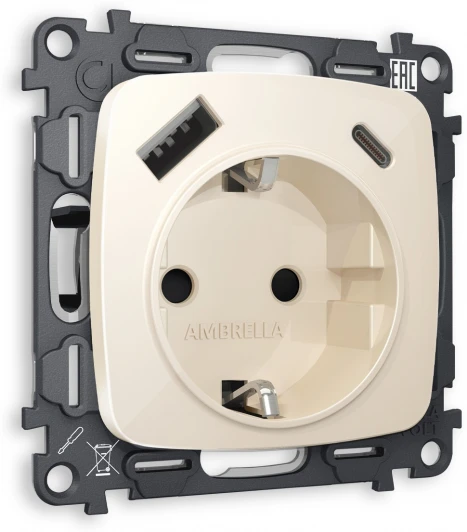 MO310010 Комплект механизма Ambrella Volt электрической розетки OMEGA MO310010 Бежевый глянец 2USB A+C 20W быстрая зарядка с заземлением и шторками 2P+E 16A-250V QUANT