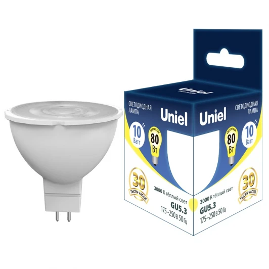 LED-JCDR-10W/3000K/GU5.3 PLS03WH Лампа светодиодная, форма "JCDR", матовая, теплый белый свет 3000K Uniel ACTION LED-JCDR-10W/3000K/GU5.3 PLS03WH