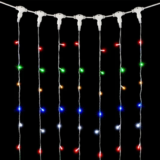 PCL402BLW-10-2M Гирлянда Занавес 2 x 2 м Разноцветный с Мерцанием Белого Диода 220В, 400 LED, Провод Прозрачный ПВХ, IP54