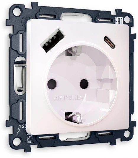 MA210010 Комплект механизма Ambrella Volt электрической розетки ALFA MA210010 Жемчуг 2USB A+C 20W быстрая зарядка с заземлением и шторками 2P+E 16A-250V QUANT