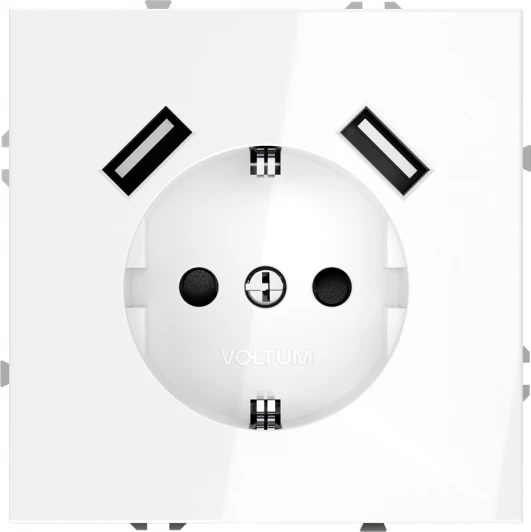 VLS040401 Розетка с заземлением, шторками и USBх2 (белый глянцевый) Voltum S70 VLS040401