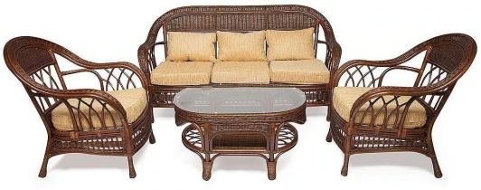 9451 КОМПЛЕКТ для отдыха "MICHELLE" (стол со стеклом+ диван + 2 кресла подушки) Pecan Washed (античн. орех), Ткань рубчик, цвет кремовый Tetchair MICHELLE 9451