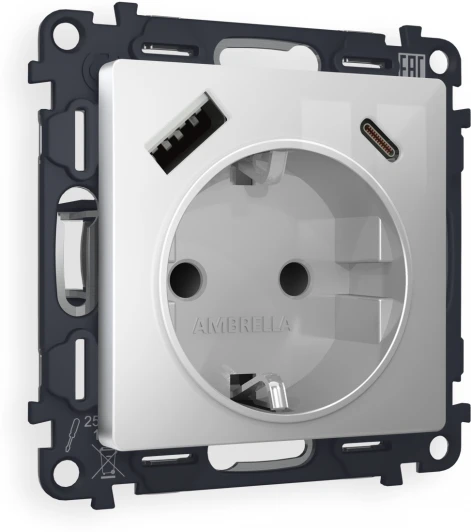 MA410010 Комплект механизма Ambrella Volt электрической розетки ALFA MA410010 Серебро глянец 2USB A+C 20W быстрая зарядка с заземлением и шторками 2P+E 16A-250V QUANT