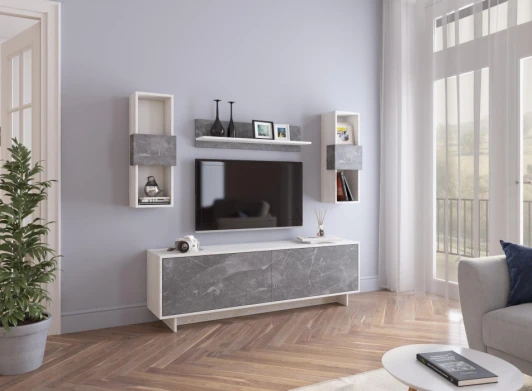 490788 Готовая гостиная Огюст Мини (Огюст Мини сосна белая лофт / каспий темный) Woodville арт.490788