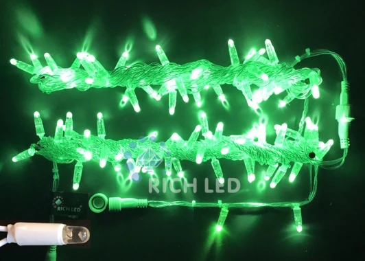 RL-S10C-220V-CT/G Гирлянда светодиодная зеленая постоянного свечения 220B, 100 LED, провод прозрачный, IP65 RL-S10C-220V-CT/G Rich LED