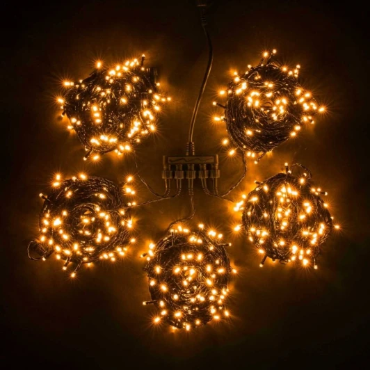 KDD1000BLW-11-1Y Комплект 5 Желтых Нитей по 20м с Мерцанием Белого Диода, 1000 LED, Провод Черный ПВХ, IP54