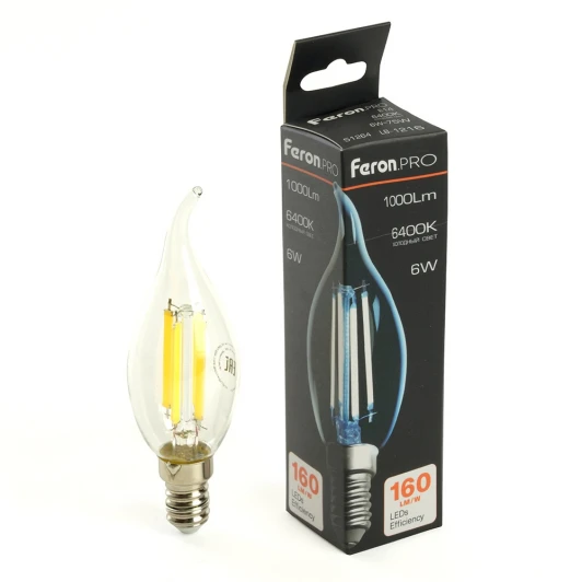 51264 Лампа светодиодная филамент C35T свеча на ветру 6W 175-265V E14 6400К Feron LB-1216 51264
