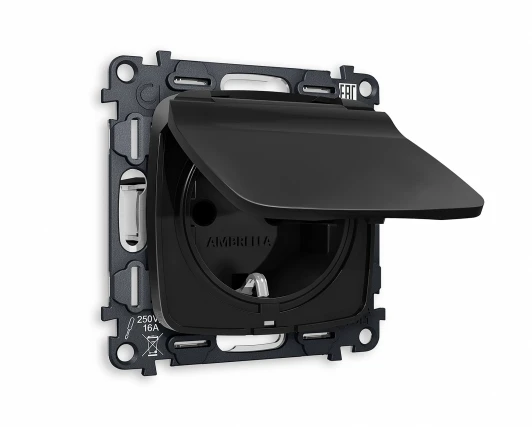 MO808010 Комплект механизма Ambrella Volt электрической розетки OMEGA MO808010 Черный матовый с заземлением с шторками и защитной крышкой 2P+E 16A-250V IP44 QUANT