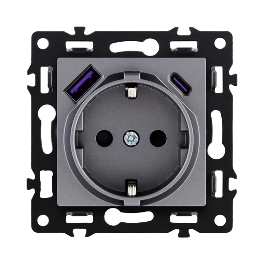 AS-016GY Розетка штепсельная SCHUKO 16A/250 В с USB A+C 20W, серый Kollinger Asthetik AS-016GY
