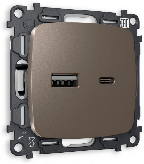 MO641010 Комплект механизма Ambrella Volt розетки OMEGA MO641010 Темная бронза матовый 2USB A+C 20W быстрая зарядка QUANT