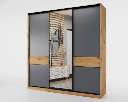 102207 Шкаф-купе,184*60, Дуб вотан, Серый с зеркалом МАМА SLIM 102207