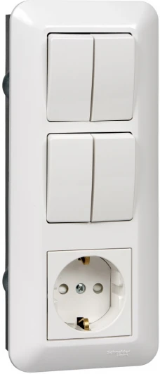 BK2VR-008B-BI Розетка встраиваемая с заземлением с двумя двухклавишными выключателями (белый) Systeme Electric Prima BK2VR-008B-BI