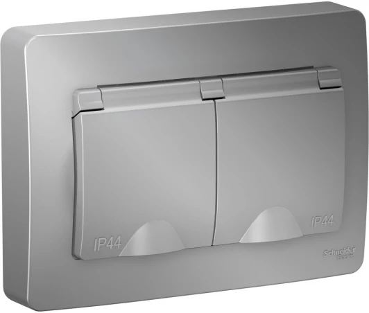 BLNRS441123 Розетка встраиваемая двойная с заземлением, шторками и крышкой (алюминий) IP44 Systeme Electric Blanca BLNRS441123