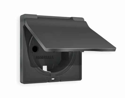 AP9080 Лицевая панель Ambrella Volt ALFA (Графит Мягкое касание) для электрической розетки с заземлением со шторками и крышкой IP44 QUANT AP9080