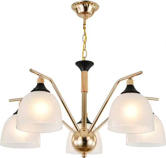 2123/5P Подвесная люстра Escada Actinidia 2123/5P 5x40Вт E27, металл/стекло, черный/дерево, белый матовый плафон (220V, на цепи)