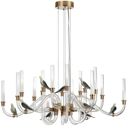 5431/37L Подвесная люстра Odeon Light Lark 5431/37L золотой(под латунь)/белый градиент/беж./зеленый/ металл/стекло/керамика LED 37W 4000K (220V, на тросе, птички)