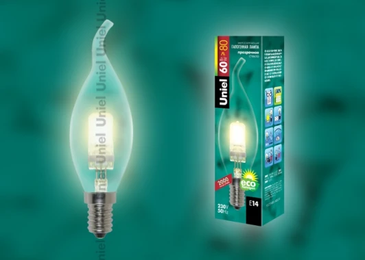 HCL-60/CL/E14 flame Лампочка галогенная свеча на ветру прозрачная E14 60W Uniel HCL-60/CL/E14 flame