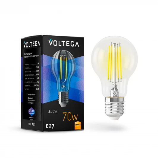 7140 Лампочка светодиодная шар прозрачная E27 7W 220V 700 lm 2800K Voltega General purpose bulb E27 7W 7140