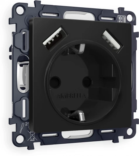 MA809010 Комплект механизма Ambrella Volt электрической розетки ALFA MA809010 Черный матовый 2USB A+A 18W быстрая зарядка с заземлением и шторками 2P+E 16A-250V QUANT