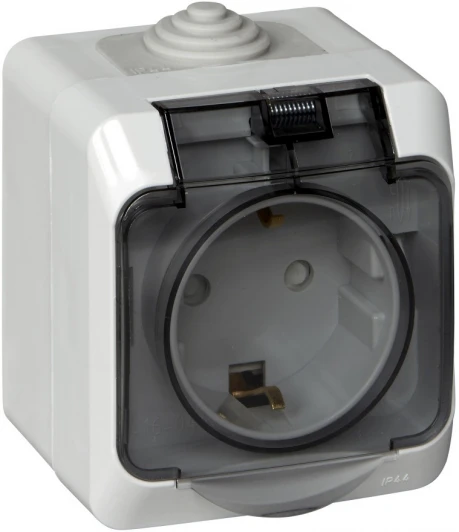 PA16-044C Розетка накладная с заземлением, шторками и крышкой (серый) IP44 Systeme Electric Этюд PA16-044C