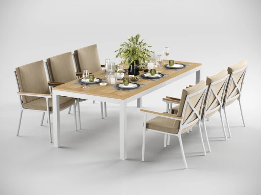 DPBLL.020222.C5 Обеденная группа Gardenini Premium Bella (Алюминий,Ткань,Тик/Белый,Бежевый,Светлое дерево) арт.DPBLL.020222.C5